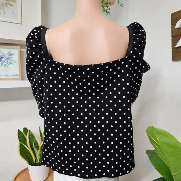 H&M Blouse women XL,Black polka dot puff sleeve Sweetheart collar top - Picture 3 of 5